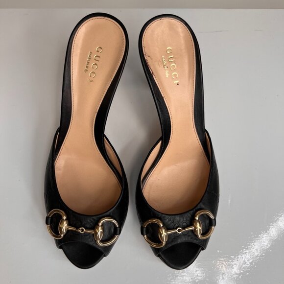 Gucci Sandal Women 36.5 Horsebit Emboss Leather Work Party Resort Italy Core Go - Picture 2 of 16